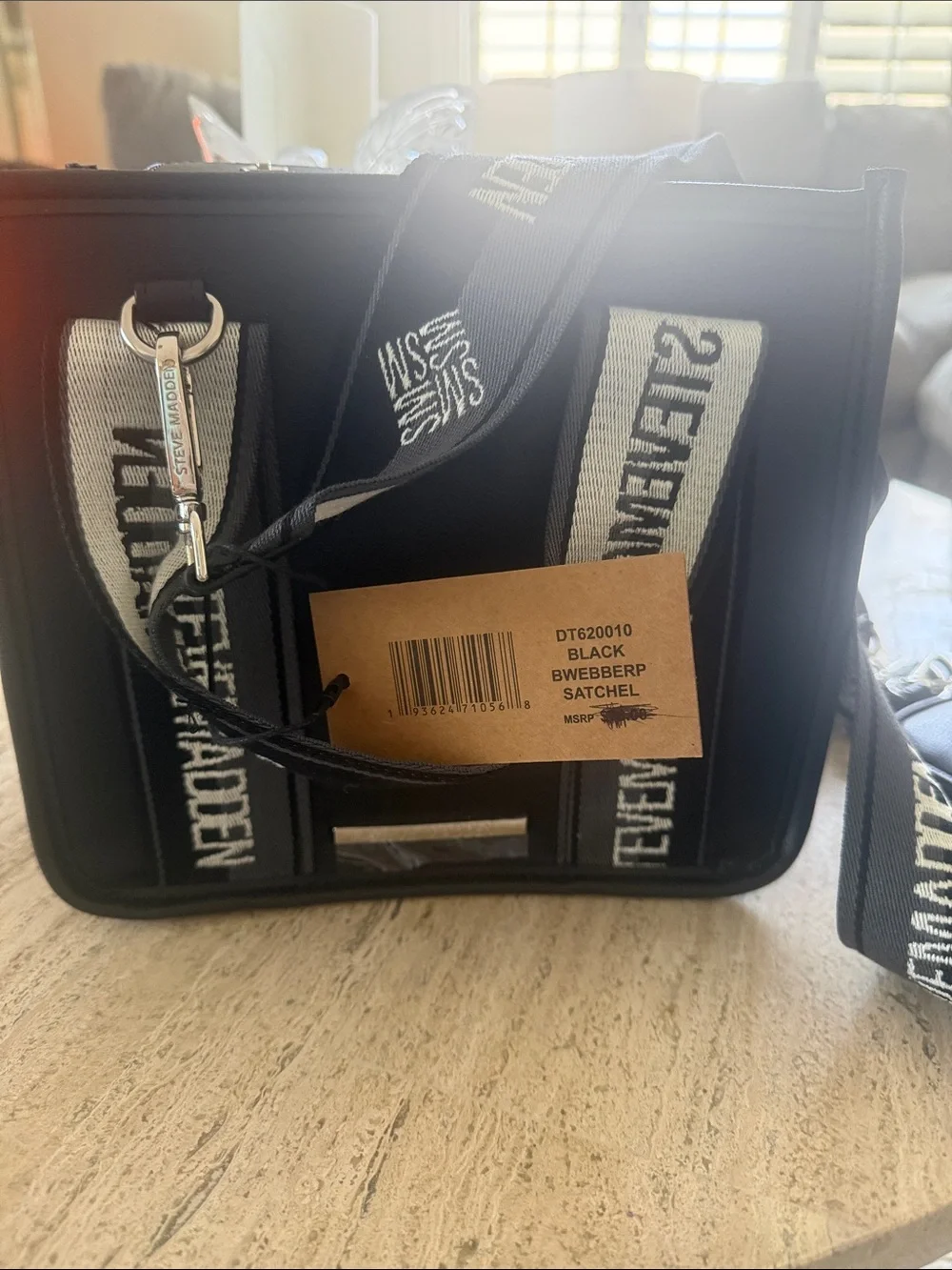 Steve Madden Black Satchel with White Branded Straps
